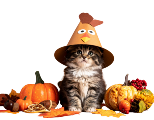 A kitten wearing a paper hat in the shape of a turkey, thanksgiving crafts, brown bac