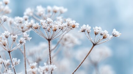 Delicate flowers covered in frost stand against a soft blue background. The natural beauty of winter is highlighted, creating a tranquil and peaceful scene.