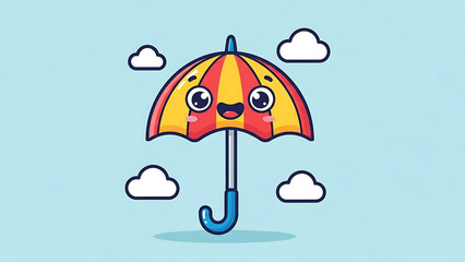 Cartoon umbrella with smiling face and clouds on light blue background