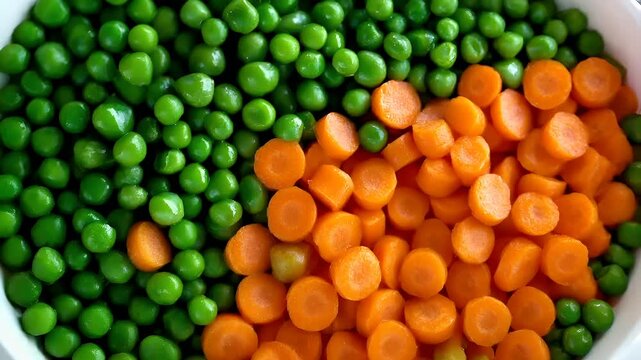 Organic food. Healthy quality lifestyle. A closeup view of a vibrant assortment of vegetables, including green peas and orange carrots.
