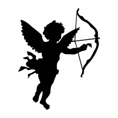 Fototapeta premium Vector silhouette of standing cupid holding a bow, isolated on transparent background. Romantic angel illustration ideal for Valentine’s Day, wedding invitations and love-themed designs.