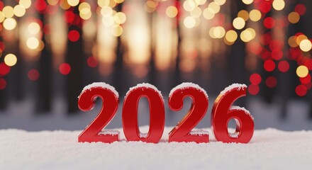 Red glossy 2026 numbers in snow with bokeh lights