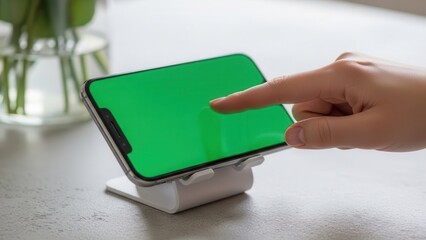 Person touching smartphone with green screen on white table
