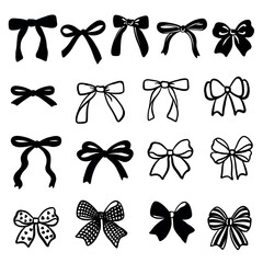 Bow icons set with black ribbon bows in outline and silhouette styles. Decorative bow collection isolated on transparent background, perfect for gift wrapping, invitations, scrapbooking, branding