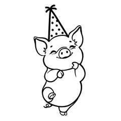 Cute pig line art illustration with party hat. Hand drawn black and white cartoon pig isolated on transparent background, perfect for kids design, birthday cards, stickers, coloring books and mascots
