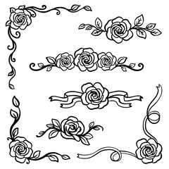 Elegant floral frame line art set. Hand drawn roses, borders and decorative elements isolated on transparent background, perfect for invitations, wedding design, cards, branding and vintage projects.