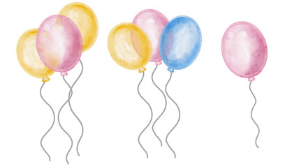 Watercolor balloons with stars and heart shape. Cute festive illustration isolated on transparent background, ideal for birthday, celebration, romantic events, kids design and party decor