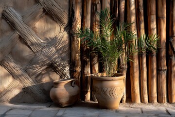 Obraz premium Rustic clay pots and palm plant against textured bamboo wall