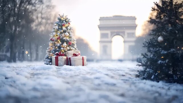 Paris, France, Europe. A Christmas tree with ornaments and presents in a snowy landscape during what appears to be early morning or late afternoon snowfall.