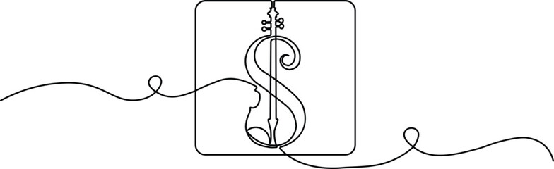 Minimalist one-line art of an abstract violin silhouette on a wavy path, perfect for music logos, classical concert posters, and elegant web design.