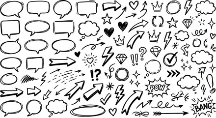 Obraz premium Various hand-drawn communication bubbles, arrows, punctuation marks, hearts, and decorative sparkles form a dense collection of interface elements on a white backdrop.