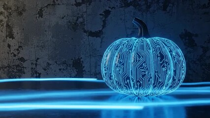 Futuristic pumpkin with glowing blue circuit patterns for a high-tech Halloween. - Powered by Adobe