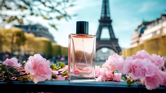 Paris, France, Europe. A closeup shot of a perfume bottle with a pinkish liquid, set against a backdrop of the Eiffel Tower in Paris. The bottle is transparent with a black cap.