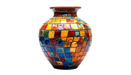 Colorful ceramic mosaic vase, glossy finish, isolated on black background, studio shot