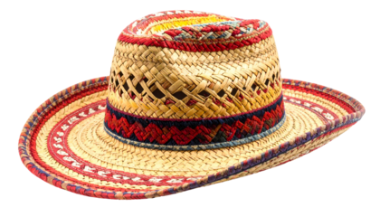 Woven straw hat with colorful woven bands and decorative elements