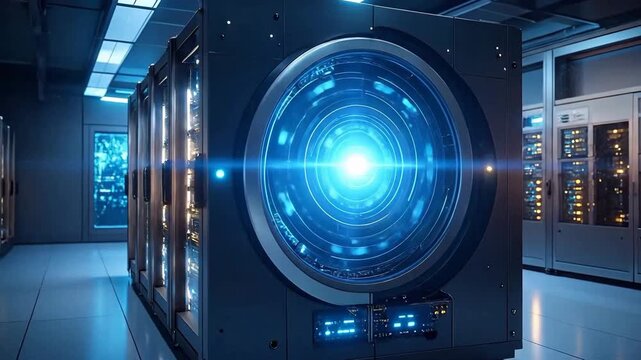Futuristic server room setup with data storage and processing capabilities.