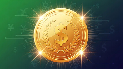 Golden coin with dollar sign and laurel wreath on green to blue gradient