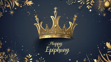 A golden crown surrounded by decorative elements on a dark blue background. Text reads 'Happy Epiphany'.