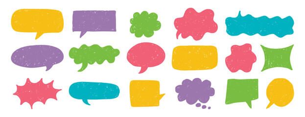 Naklejka na ściany i meble speech bubble texture chalk pencil doodle set. Crayon speech bubble frame, comic talk balloon Grunge colorful collection.