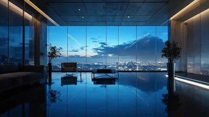 Luxury penthouse interior with panoramic city view at dusk, featuring modern furniture and sleek design.