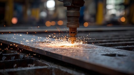 Plasma cutter torch intensely cutting through steel generating a shower of bright orange sparks in an industrial setting