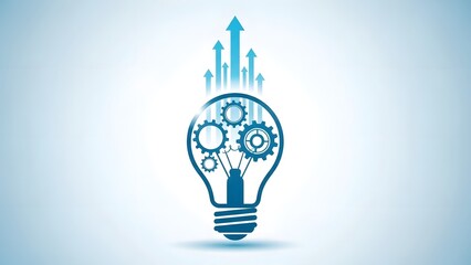 An illuminated glass light bulb glows on a blue background as a bright symbol of creative innovation, electric energy, and inspiration for a powerful new technology solution or idea concept