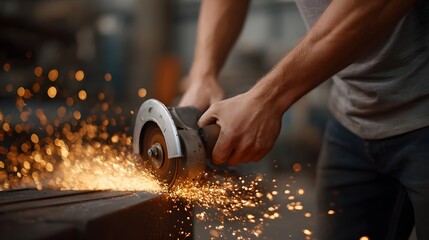 Skilled hands operate an angle grinder cutting metal and creating a shower of bright sparks in a dynamic industrial setting