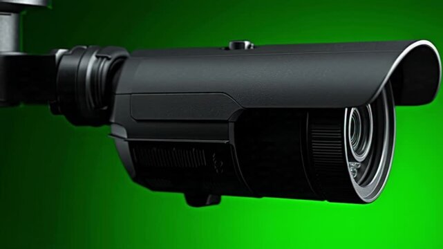 Close-up of a security camera with a green background for surveillance.