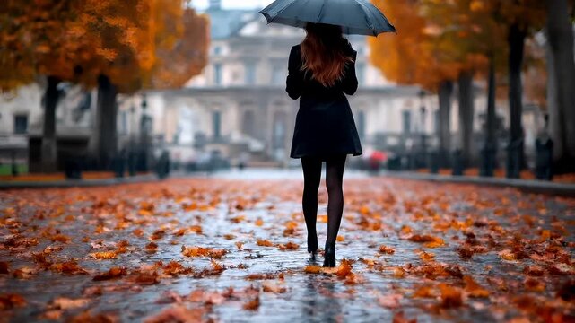 Paris, France, Europe. A woman with red hair walks through an autumnal park, holding an umbrella to shield herself from the rain. The scene is set against a backdrop of a cityscape with buildings.