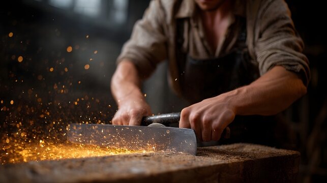 Close up of a craftsman s hands sharpening metal showering sparks in a workshop - Powered by Adobe