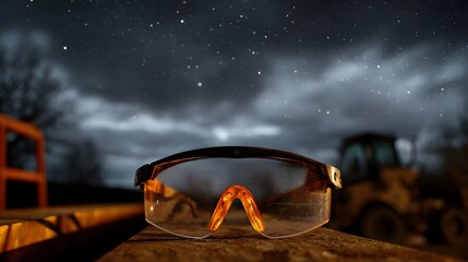 Orange accented safety glasses rest outdoors at night under a starry sky with blurred construction hinery visible
