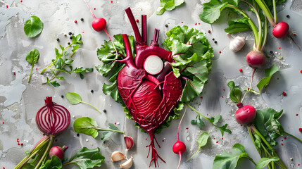 Creative food art composition shaped like a human heart made with vegetables