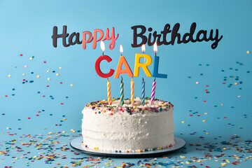 Happy birthday carl cake with letter candles isolated on transparent background