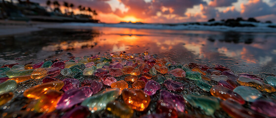 AI generator images of The most famous beach for finding sea glass is Glass Beach. Sea glass is fragments of glass that have been smoothed and polished by the waves, resulting in a cloudy appearance.