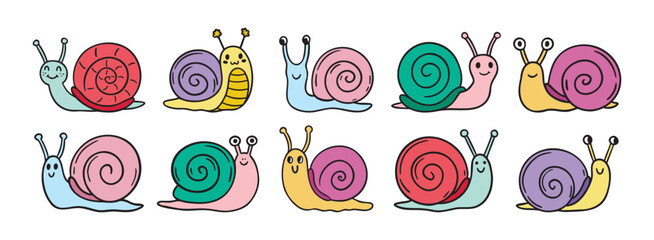 cartoon colorful cute snail icon doodle hand drawn set. Outline funny snail character with smile line drawing clipart symbol collection © Yanka
