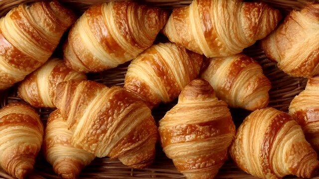 Paris, France, Europe. A basket filled with freshly baked croissants on a floral tablecloth. The croisants are golden brown with a glossy finish, and they are arranged in a circular pattern.
