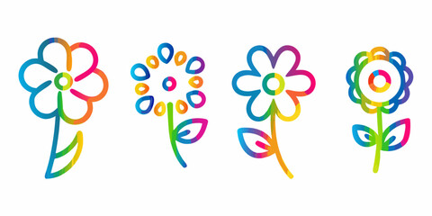 Colorful hand drawn style flowers arranged in a horizontal row on a white background