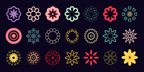 Colorful floral patterns and geometric designs arranged in neat rows