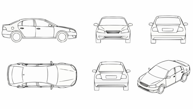 Car Blueprint - Detailed Technical Drawings of a Sedan.