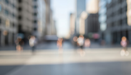 Unfocused urban street environment showing people crossing a wide roadway framed by tall buildings, visible pavement patterns, and daylight suitable for design backgrounds.