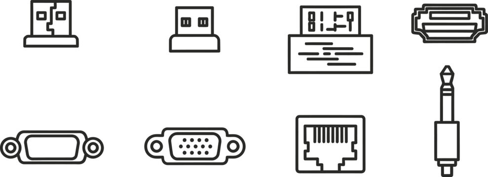 Computer Port Types Line art vector set of 6 connection ports USB type A type C HDMI VGA ethernet and audio jack