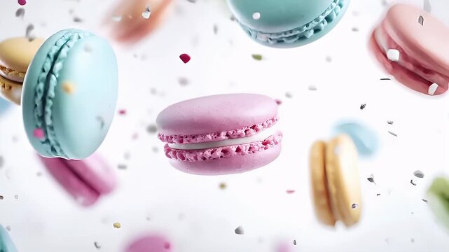 Paris, France, Europe. A closeup of a pink macaron with a white filling, surrounded by confetti. The macaron is set against a white background, and the confetti is scattered throughout the scene.