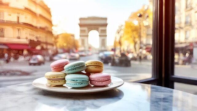Paris, France, Europe. A closeup shot of a plate of pastelcolored macarons on a table. The macaron display is vibrant, with hues of pink, blue, green, and yellow dominating the scene.