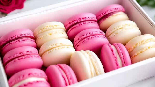 Paris, France, Europe. A closeup of a box of macarons on a marble surface. The box is white with a few green leaves and a red rose in the background.