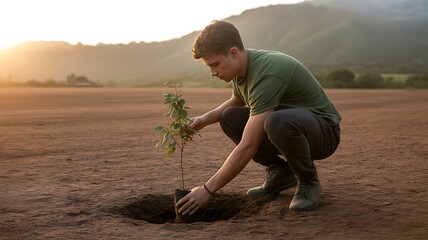 Young man planting a tree sapling in moist soil at sunrise, warm colors, positive environmental atmosphere, sustainable nature style, realistic 8k photography.
