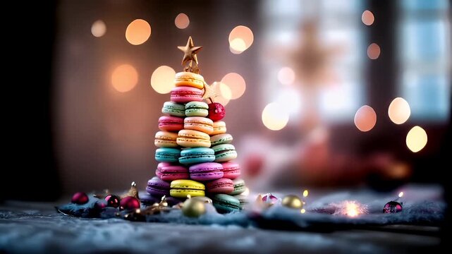 Paris, France, Europe. A closeup shot of a Christmas tree made of colorful macarons, set against a bokeh background of warm lights.
