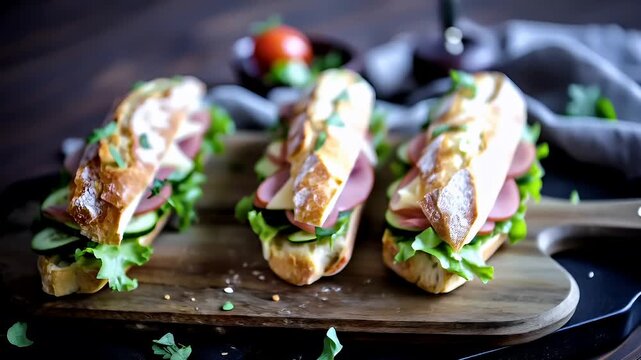Paris, France, Europe. A closeup of a sandwich with ham, cheese, and cucumber slices on a wooden board. The sandwich is garnished with fresh herbs and a slice of tomato. The background is dark.