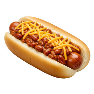 photorealistic macro close-up of a plump grilled frankfurter loaded with chunky beef chili and shredded melted cheddar cheese on a soft potato bun, transparent background. Concept for commercial