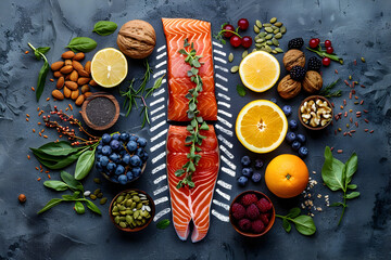 Creative top down composition of nutritious foods featuring fresh salmon and vibrant fruits for healthy eating inspiration