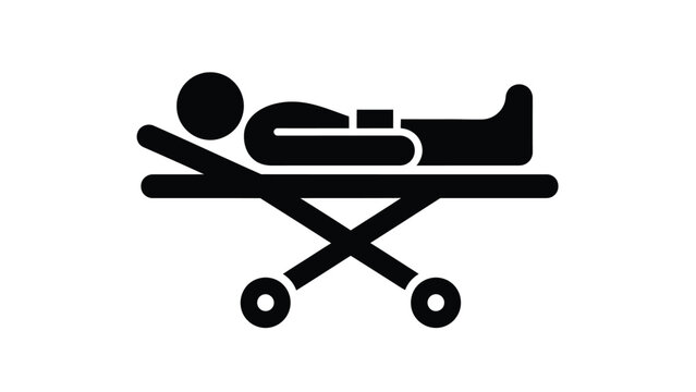 A simple black and white icon depicts a hospital gurney or stretcher with a patient lying on it symbolizing medical care